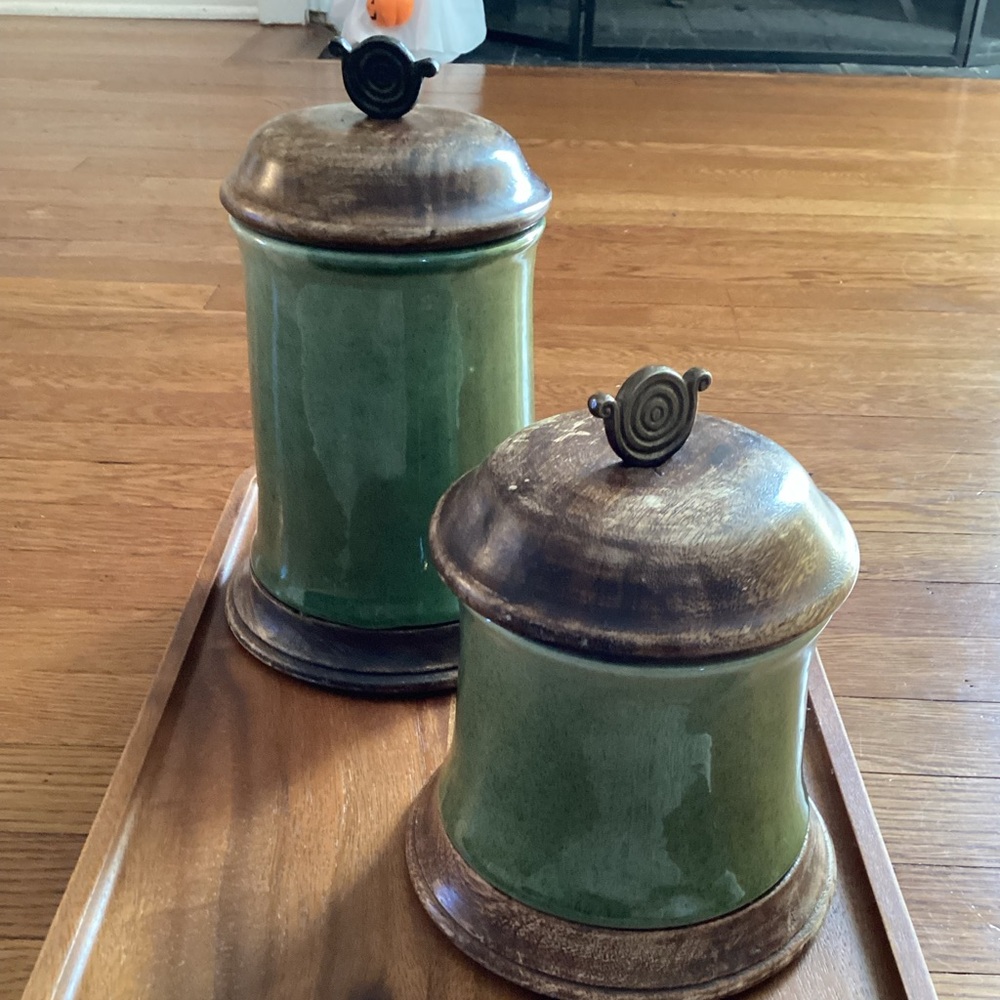 MCM Green Ceramic/Stoneware Canisters with Wooden Lids